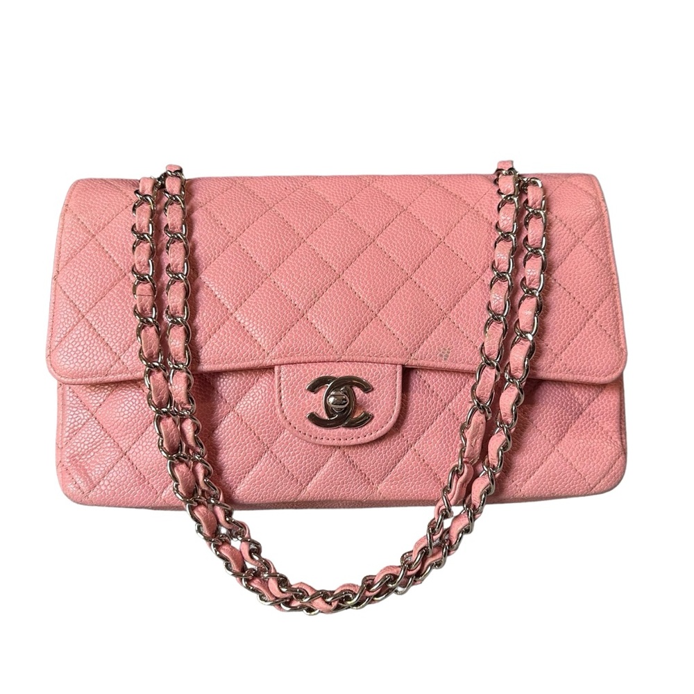 Vintage CHANEL medium double flap classic pink caviar leather bag